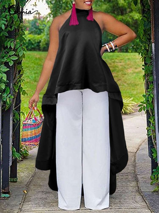 Women Tunic Casual Streetwear Fashion Shirt Asymmetrical Backless Ruffled Halter Tops Sleeveless Blouse - Gems Ensumbles 