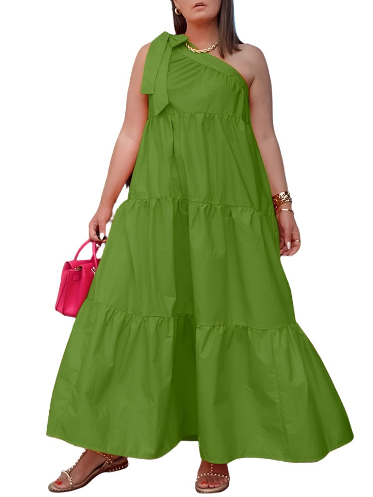 Women One Shoulder Dress Sundress Pleated Party Long Maxi Dresses Casual - Gems Ensumbles 