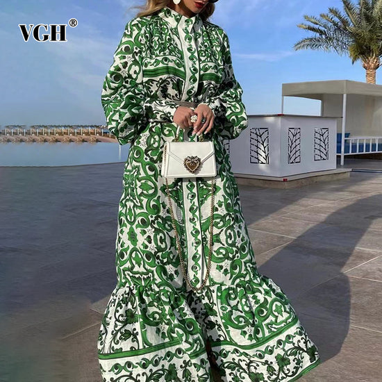 Women Vintage Print Stand Collar Lantern Long Sleeve High Waist Lace Up Maxi Dress - Gems Ensumbles 