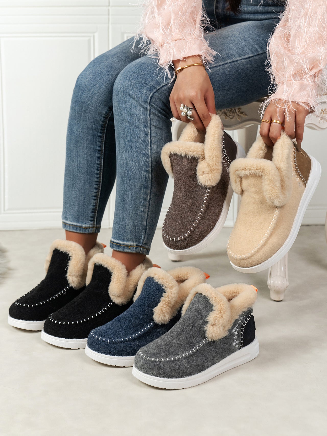 Furry Suede Round Toe Women Shoes Flat Sneakers