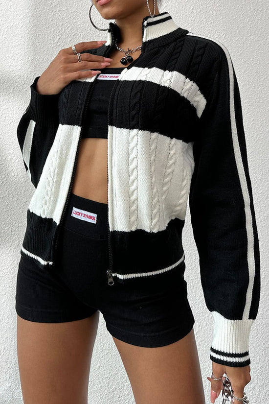 Women Cable-Knit Color Block Raglan Sleeve Cardigan Sweater