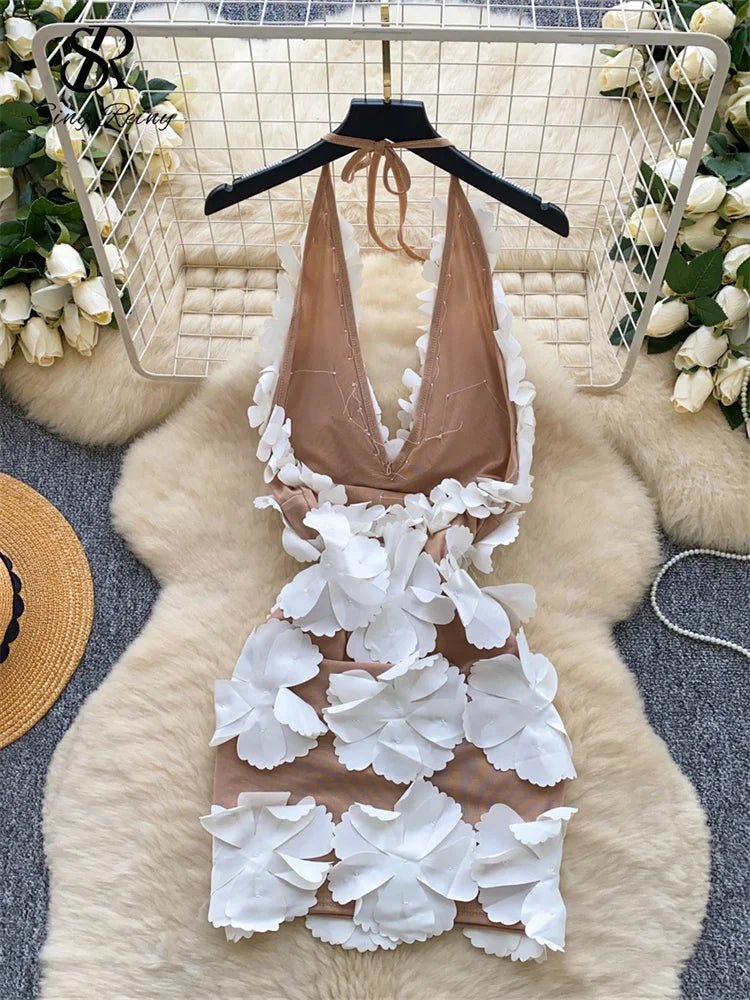 3D Floral Halter Sleeveless Backless Dress - Gems Ensumbles