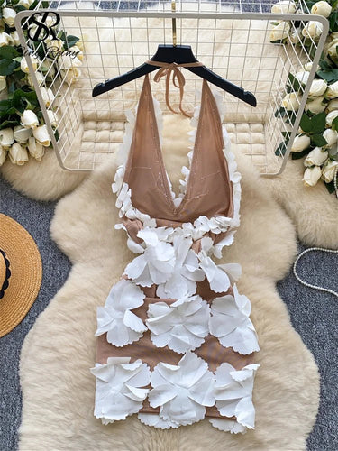 3D Floral Halter Sleeveless Backless Dress - Gems Ensumbles