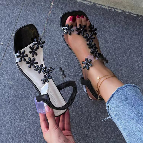 Women Flower Open Toe Block Heel Sandals - Gems Ensumbles 