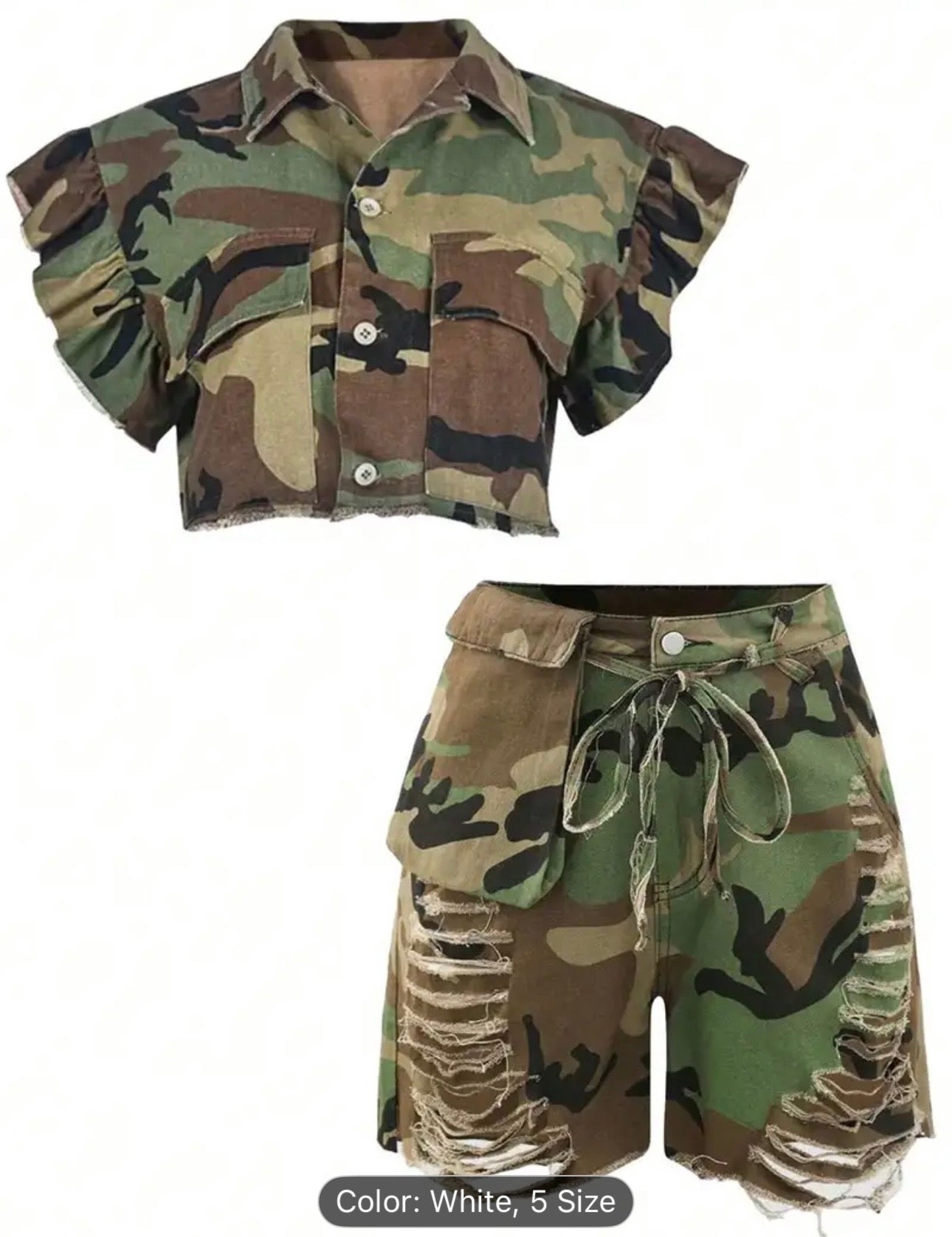 Women'S Two-Piece Outfit - Features a Turn- Collar with Ruffled Short Sleeves And Distressed Shorts