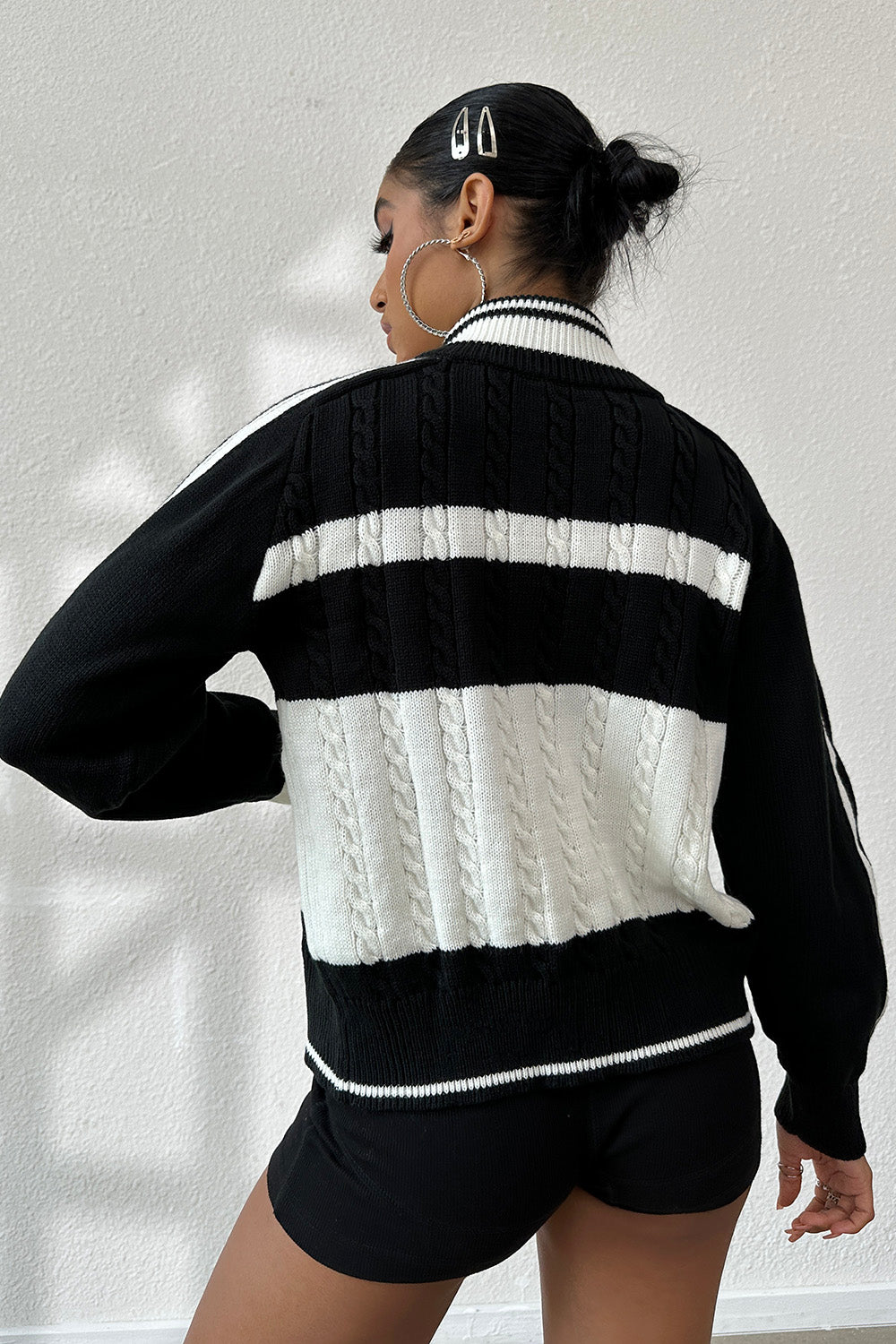 Women Cable-Knit Color Block Raglan Sleeve Cardigan Sweater