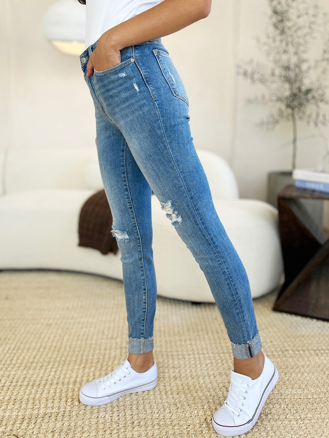 Women Judy Blue Full Size Mid Rise Destroy & Cuff Skinny Jeans