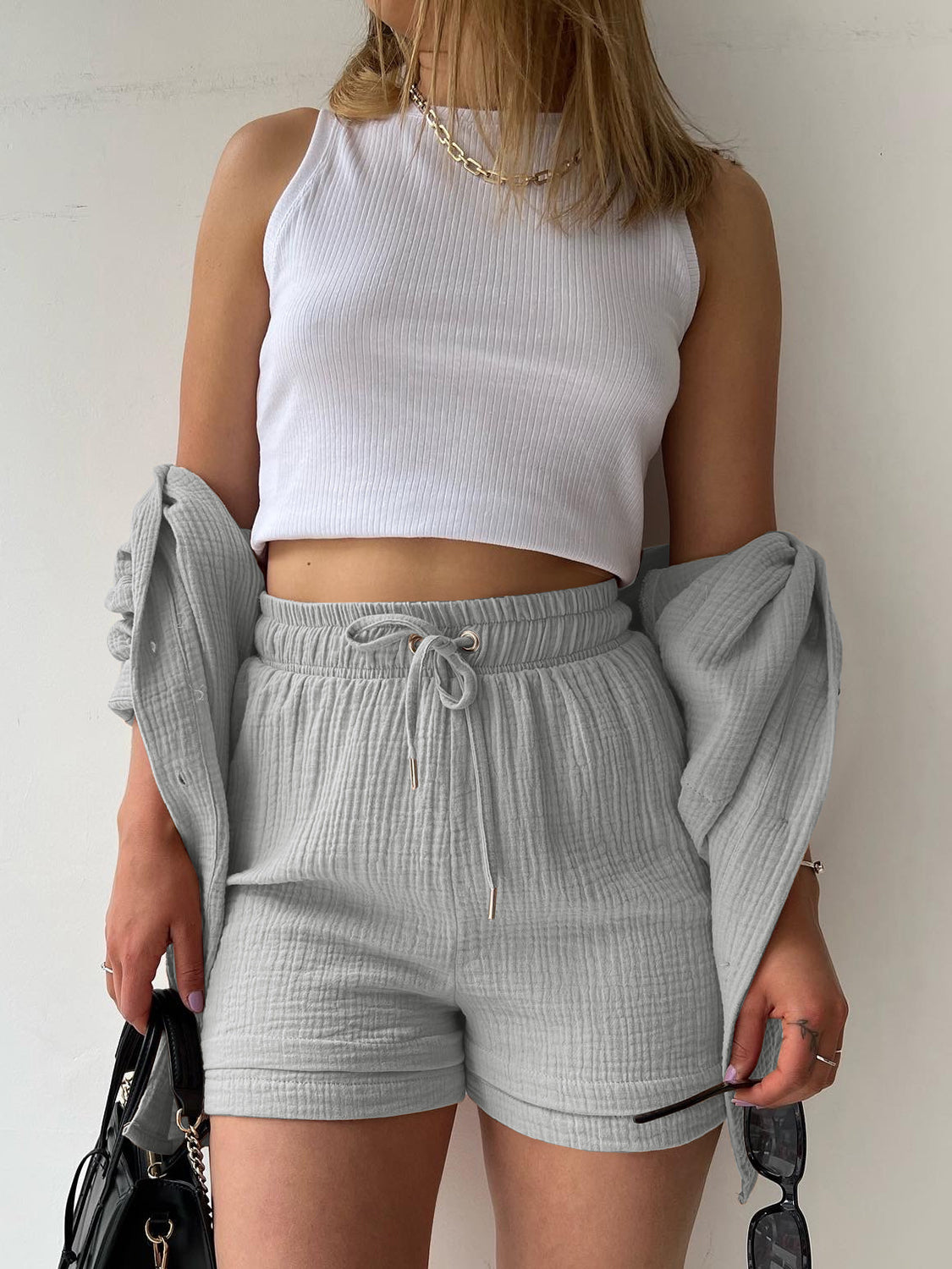 Texture Button Up Shirt and Drawstring Shorts Set - Gems Ensumbles 