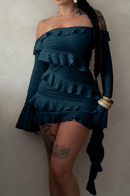 Women Private custom high quality sexy slight stretch patchwork solid ruffle bell sleeve mini dress