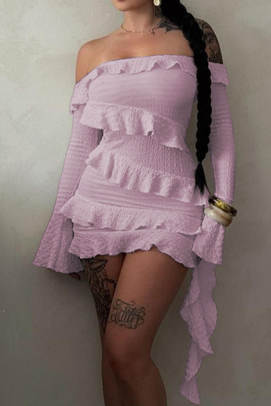 Women Private custom high quality sexy slight stretch patchwork solid ruffle bell sleeve mini dress
