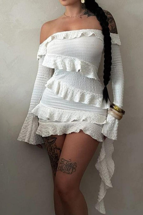 Women Private custom high quality sexy slight stretch patchwork solid ruffle bell sleeve mini dress