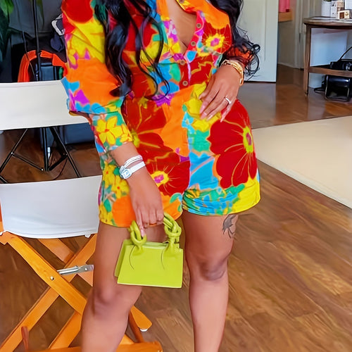 Casual Printed Patchwork Lapel Long Sleeve Two Piece Set - Gems Ensumbles