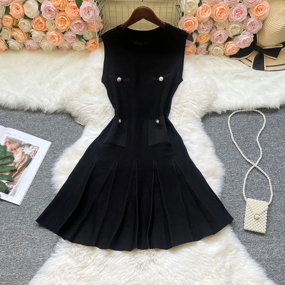 Chic Fashion Pleated Short Dress O - neck Slim Waist A - line Dress - Gems Ensumbles