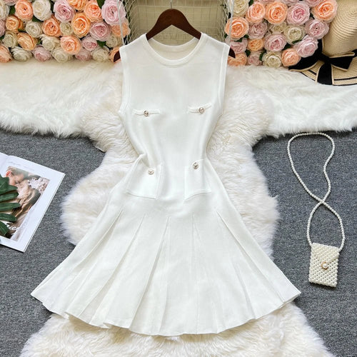 Chic Fashion Pleated Short Dress O - neck Slim Waist A - line Dress - Gems Ensumbles