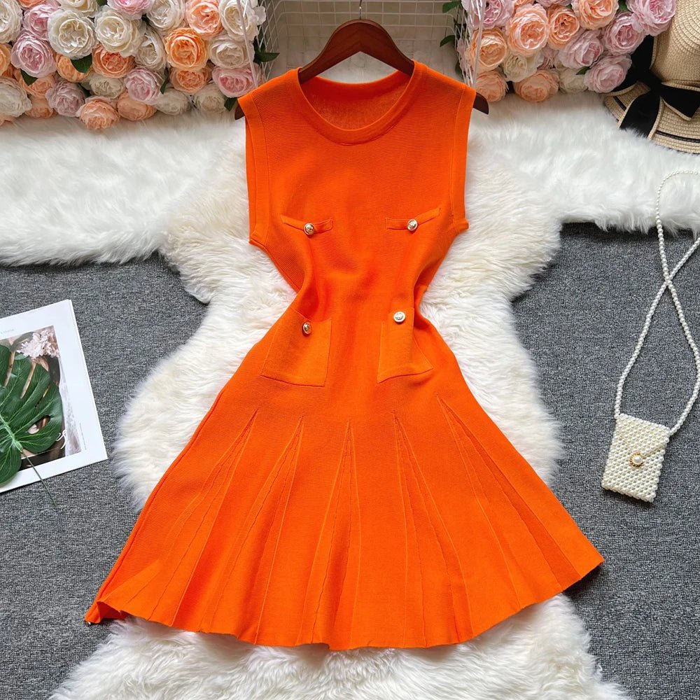 Chic Fashion Pleated Short Dress O - neck Slim Waist A - line Dress - Gems Ensumbles