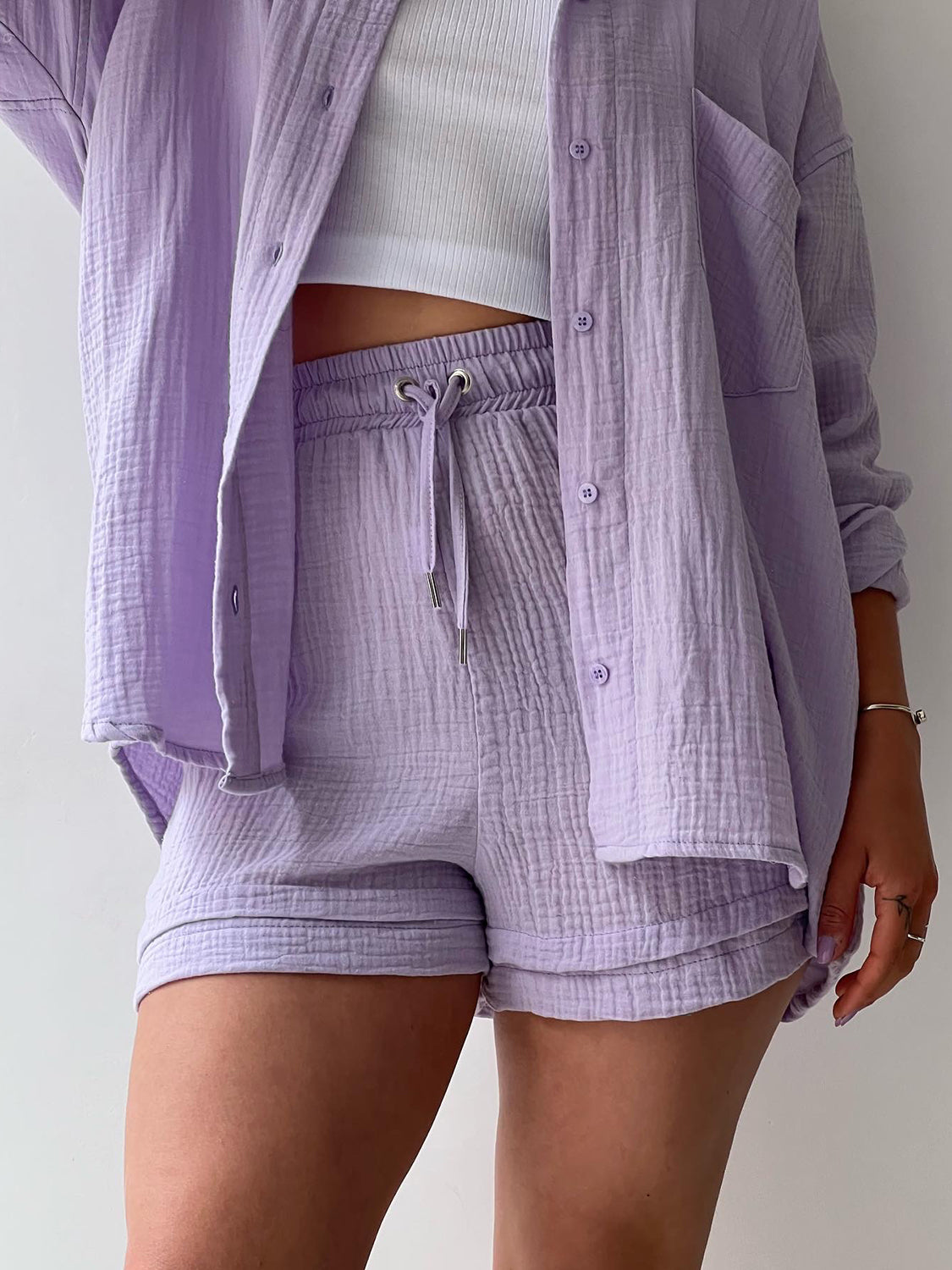Texture Button Up Shirt and Drawstring Shorts Set - Gems Ensumbles 