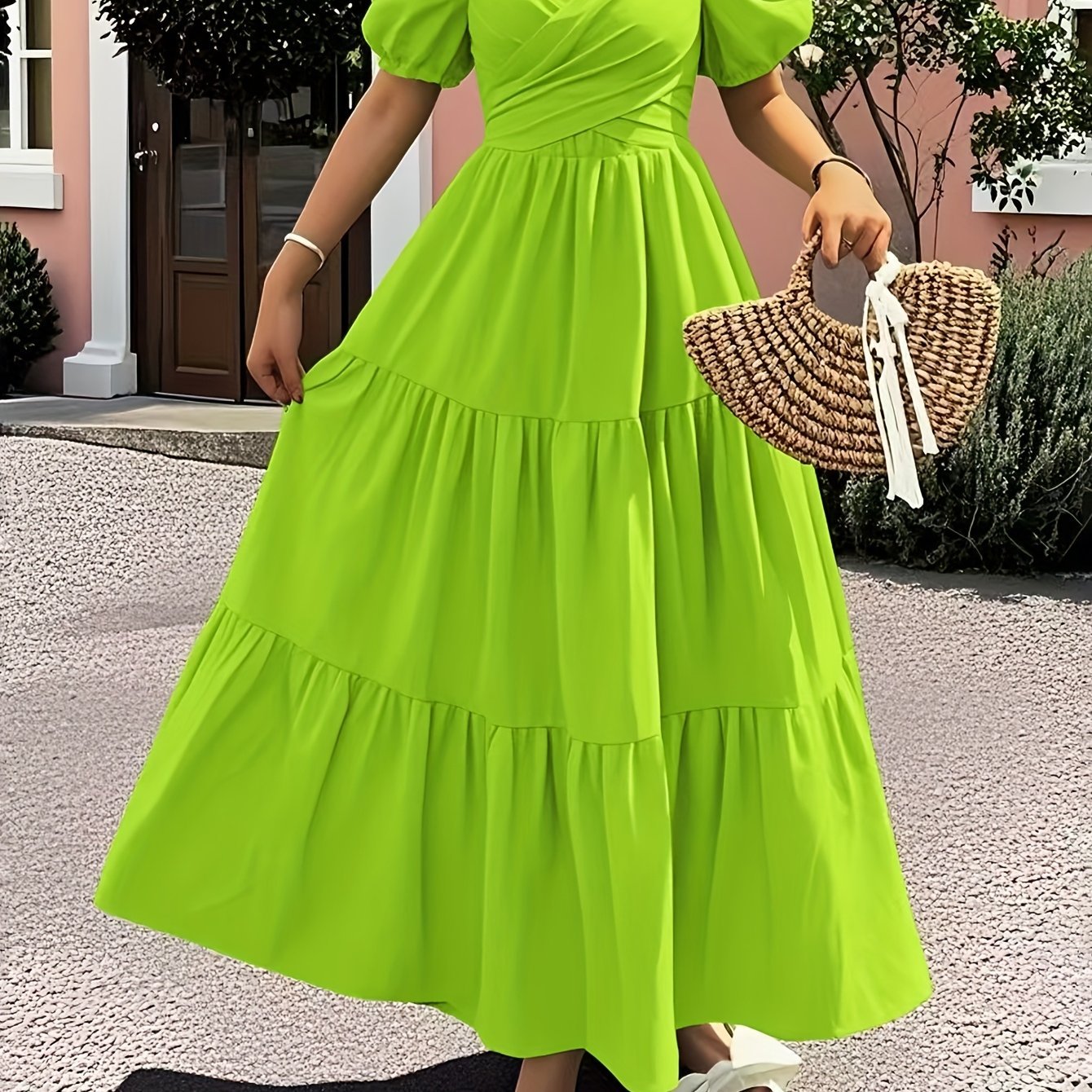 Elegant V - Neck Short Sleeve Midi Dress with Ruffle Detail - Solid Color, Cinched Waist, Flowy Skirt, - Gems Ensumbles