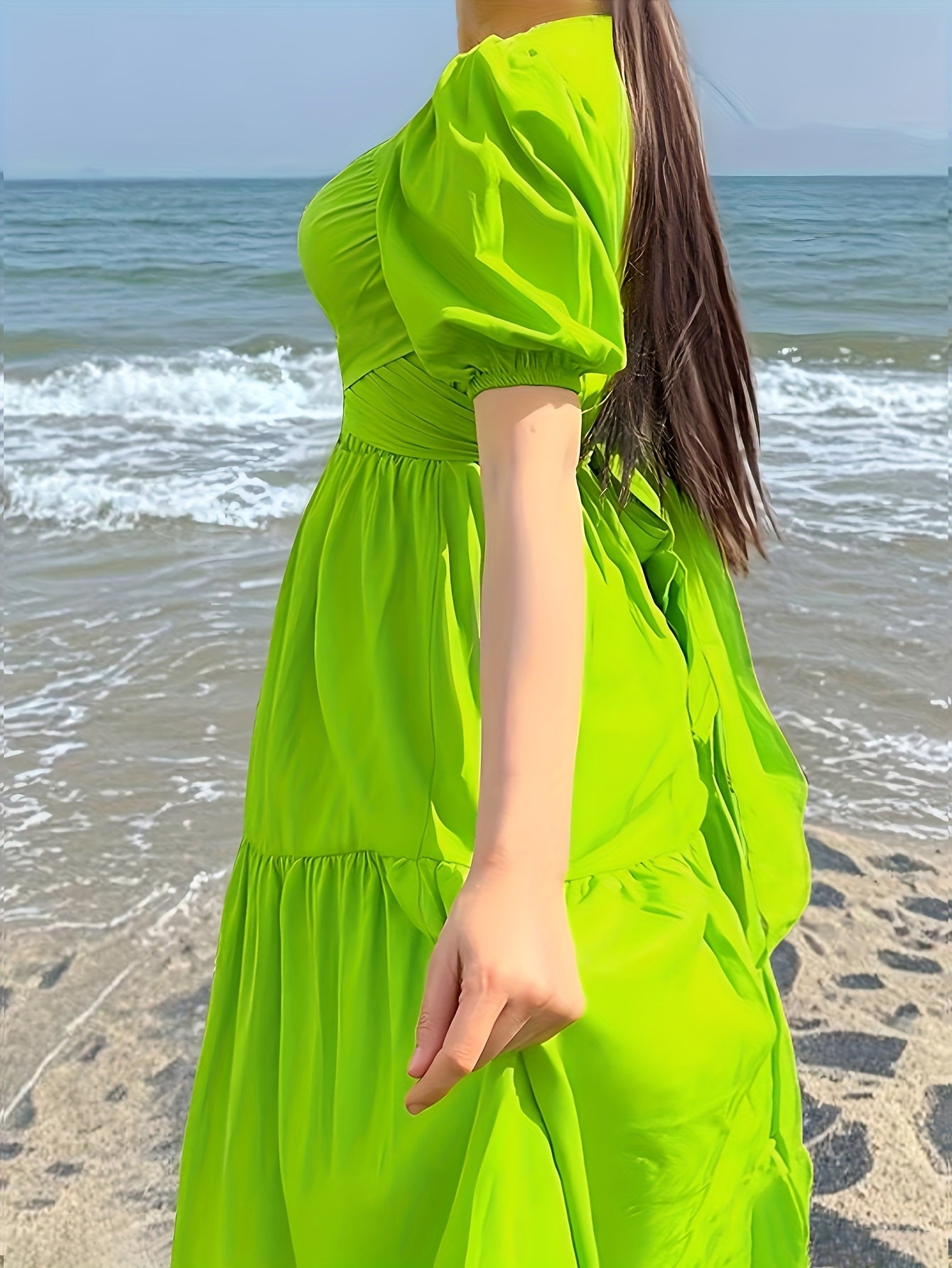 Elegant V - Neck Short Sleeve Midi Dress with Ruffle Detail - Solid Color, Cinched Waist, Flowy Skirt, - Gems Ensumbles