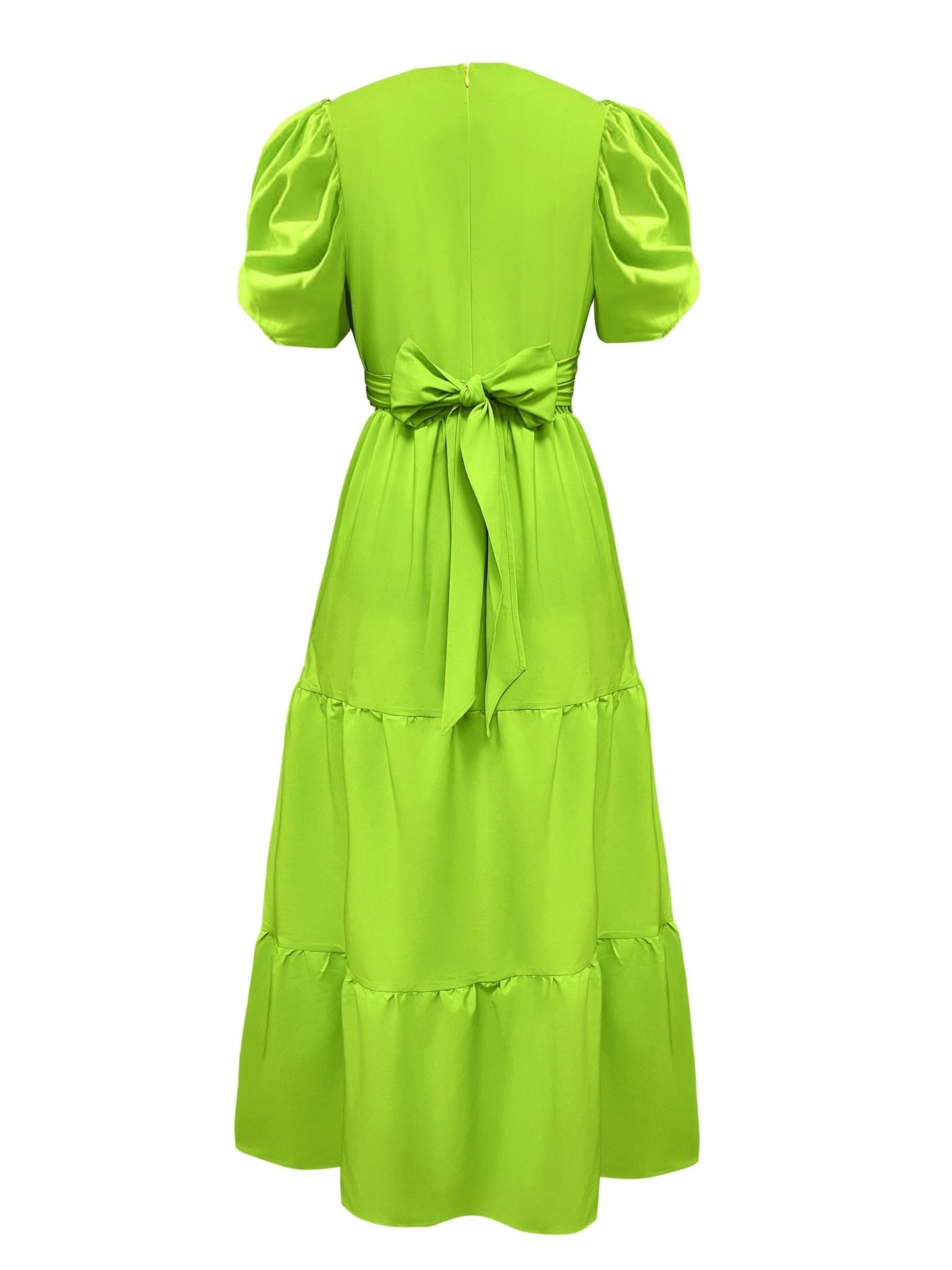 Elegant V - Neck Short Sleeve Midi Dress with Ruffle Detail - Solid Color, Cinched Waist, Flowy Skirt, - Gems Ensumbles