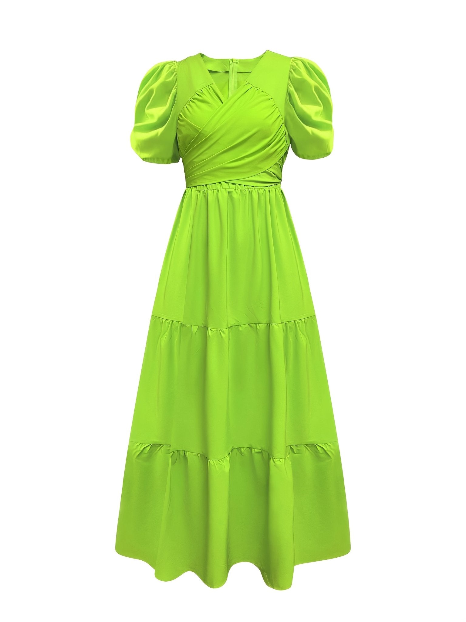 Elegant V - Neck Short Sleeve Midi Dress with Ruffle Detail - Solid Color, Cinched Waist, Flowy Skirt, - Gems Ensumbles
