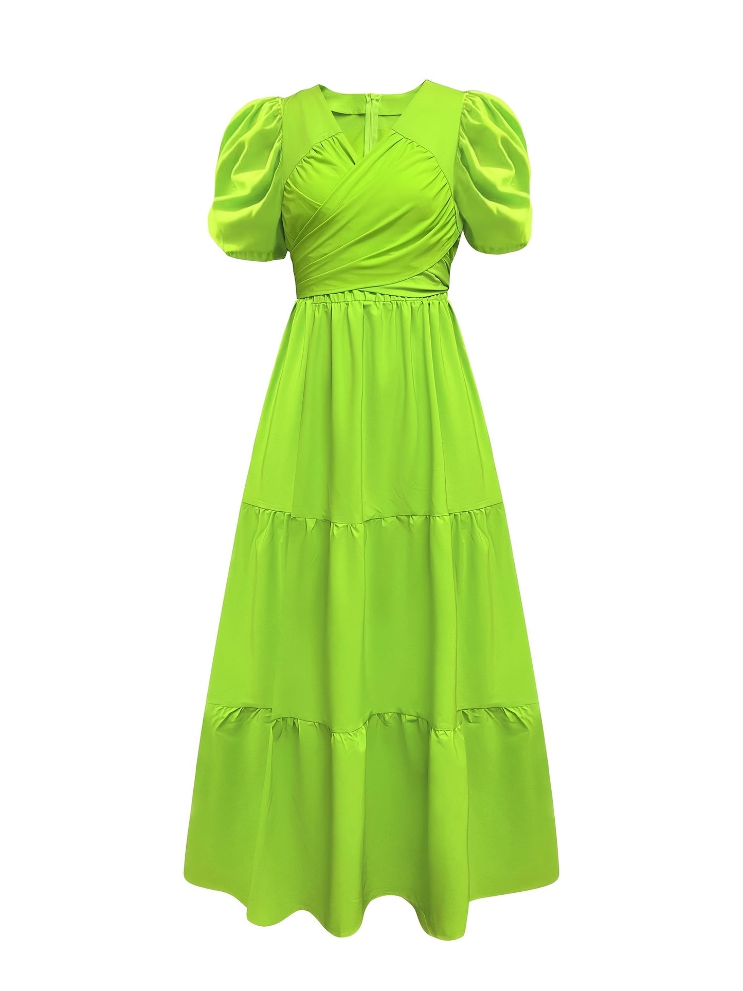 Elegant V - Neck Short Sleeve Midi Dress with Ruffle Detail - Solid Color, Cinched Waist, Flowy Skirt, - Gems Ensumbles