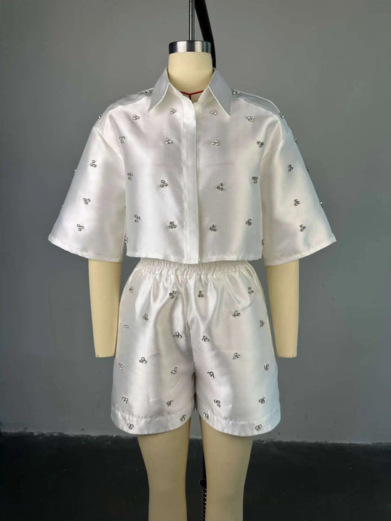 Fashion Beading Women's 3/4 Sleeve Shirt Tops and Shorts Sets - Gems Ensumbles