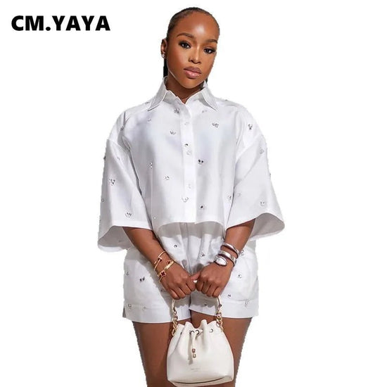 Fashion Beading Women's 3/4 Sleeve Shirt Tops and Shorts Sets - Gems Ensumbles