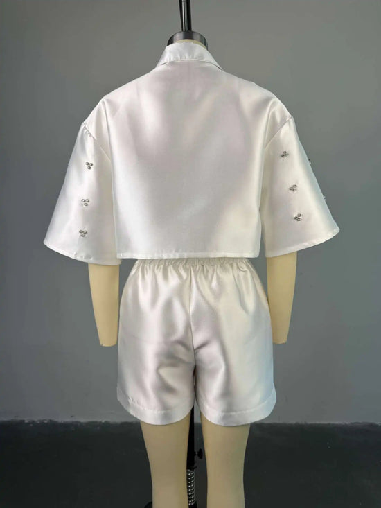 Fashion Beading Women's 3/4 Sleeve Shirt Tops and Shorts Sets - Gems Ensumbles