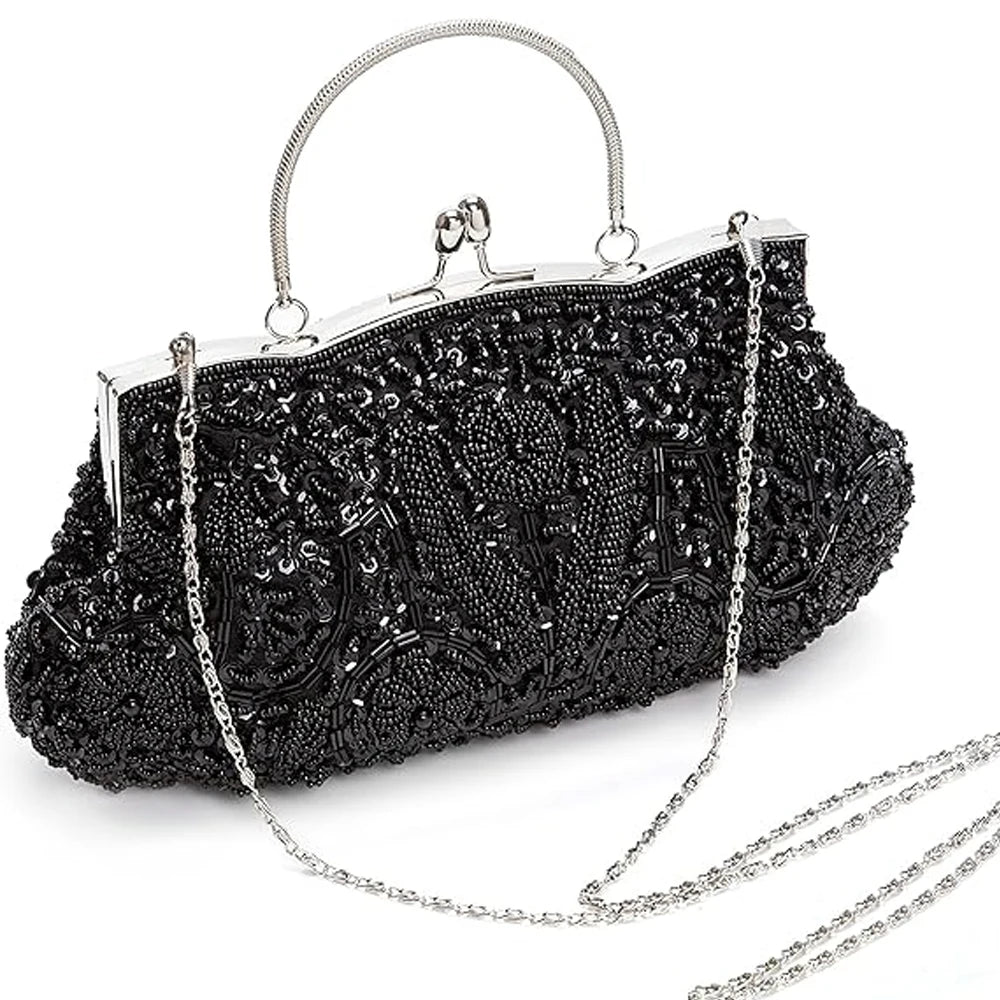 Fashion Retro Women Evening Bags Beaded Clutch Purse Shoulder Chain - Gems Ensumbles