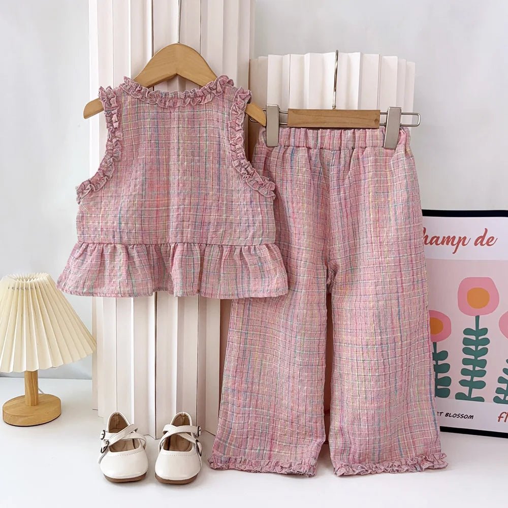 Girl's Two - piece Set with Single Breasted Sleeveless Top and Casual Pants - Gems Ensumbles