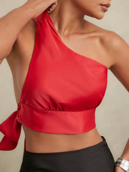 Hauture Asymmetric Strap Back Bow Tie Crop Blouse - Gems Ensumbles