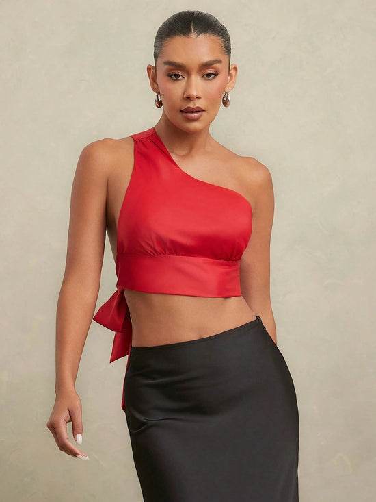 Hauture Asymmetric Strap Back Bow Tie Crop Blouse - Gems Ensumbles