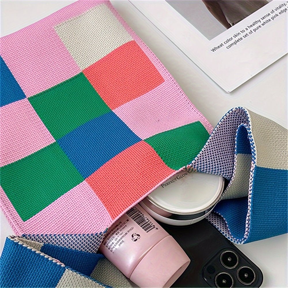 Lightweight Chic Plaid Knit Street Style Tote Bag for Women - Gems Ensumbles