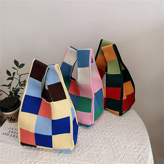 Lightweight Chic Plaid Knit Street Style Tote Bag for Women - Gems Ensumbles