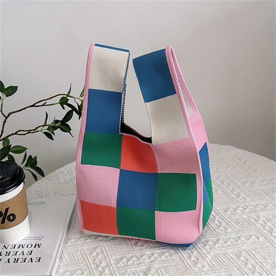 Lightweight Chic Plaid Knit Street Style Tote Bag for Women - Gems Ensumbles