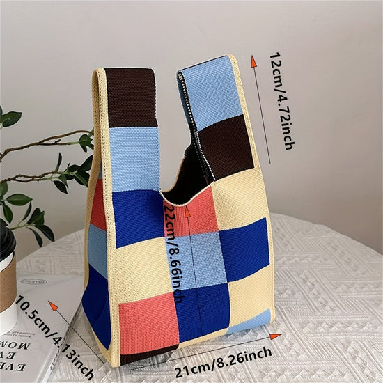 Lightweight Chic Plaid Knit Street Style Tote Bag for Women - Gems Ensumbles