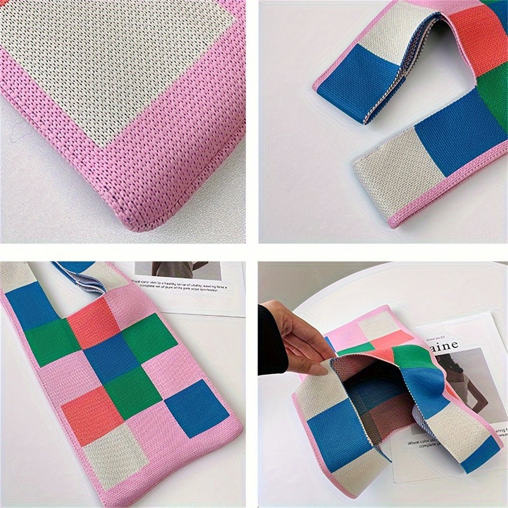 Lightweight Chic Plaid Knit Street Style Tote Bag for Women - Gems Ensumbles