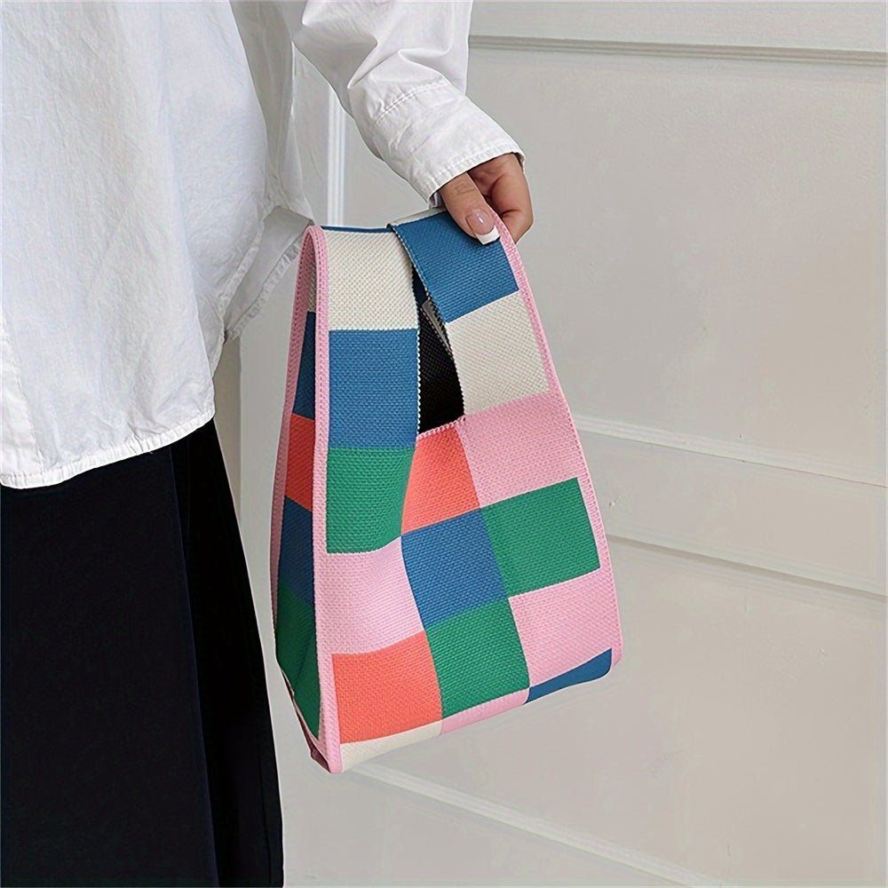 Lightweight Chic Plaid Knit Street Style Tote Bag for Women - Gems Ensumbles