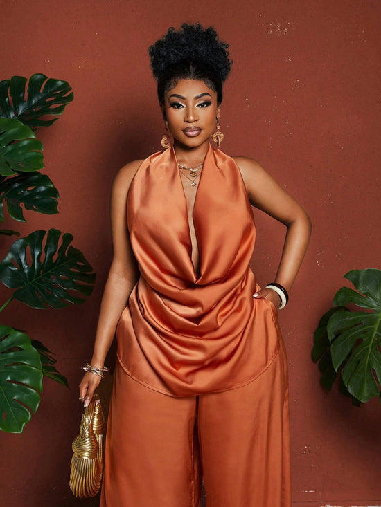 Maweii Plus Size Sexy Solid Color Draped Neck Backless Halter Top And Pants - Gems Ensumbles