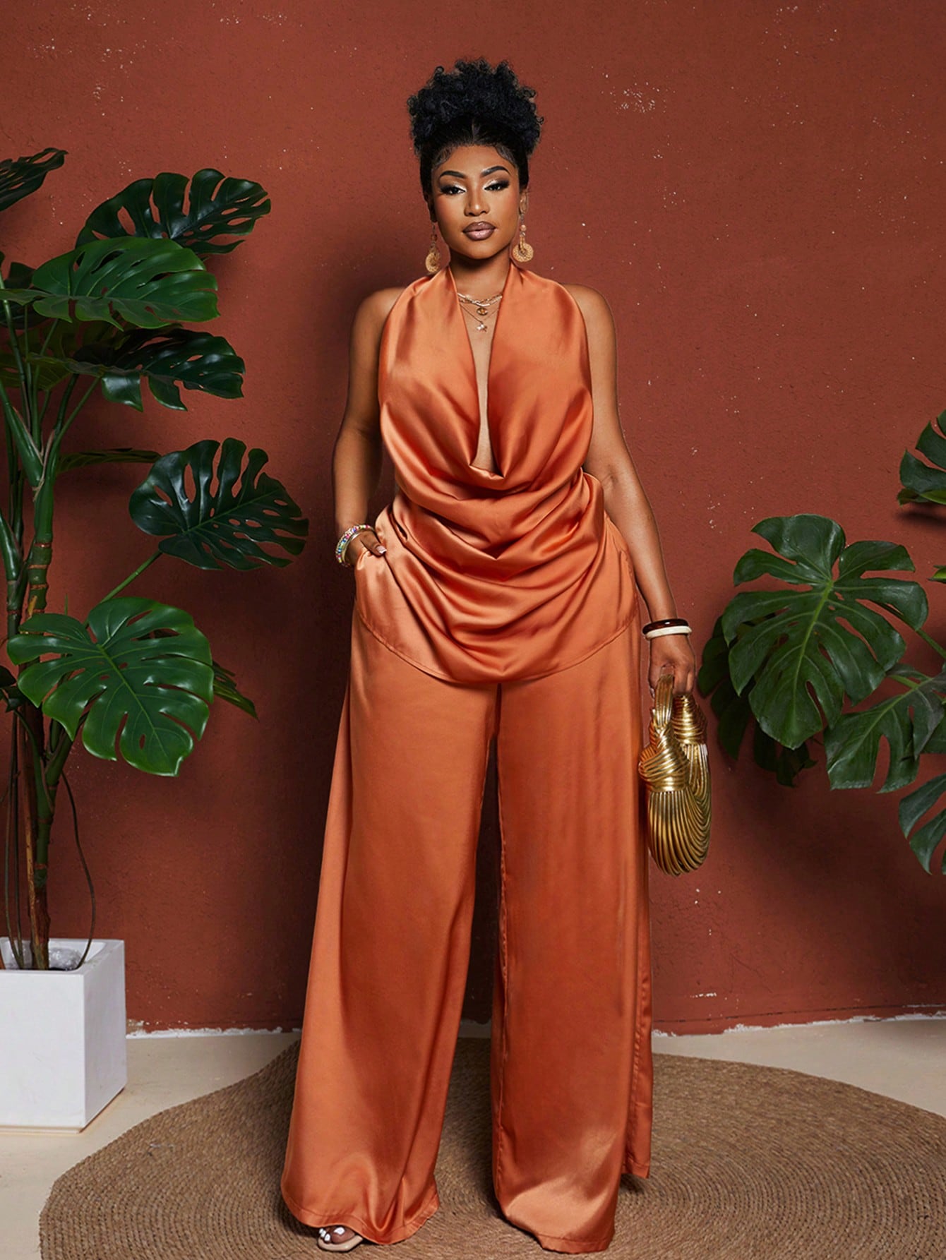 Maweii Plus Size Sexy Solid Color Draped Neck Backless Halter Top And Pants - Gems Ensumbles