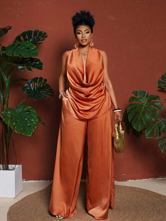 Maweii Plus Size Sexy Solid Color Draped Neck Backless Halter Top And Pants - Gems Ensumbles