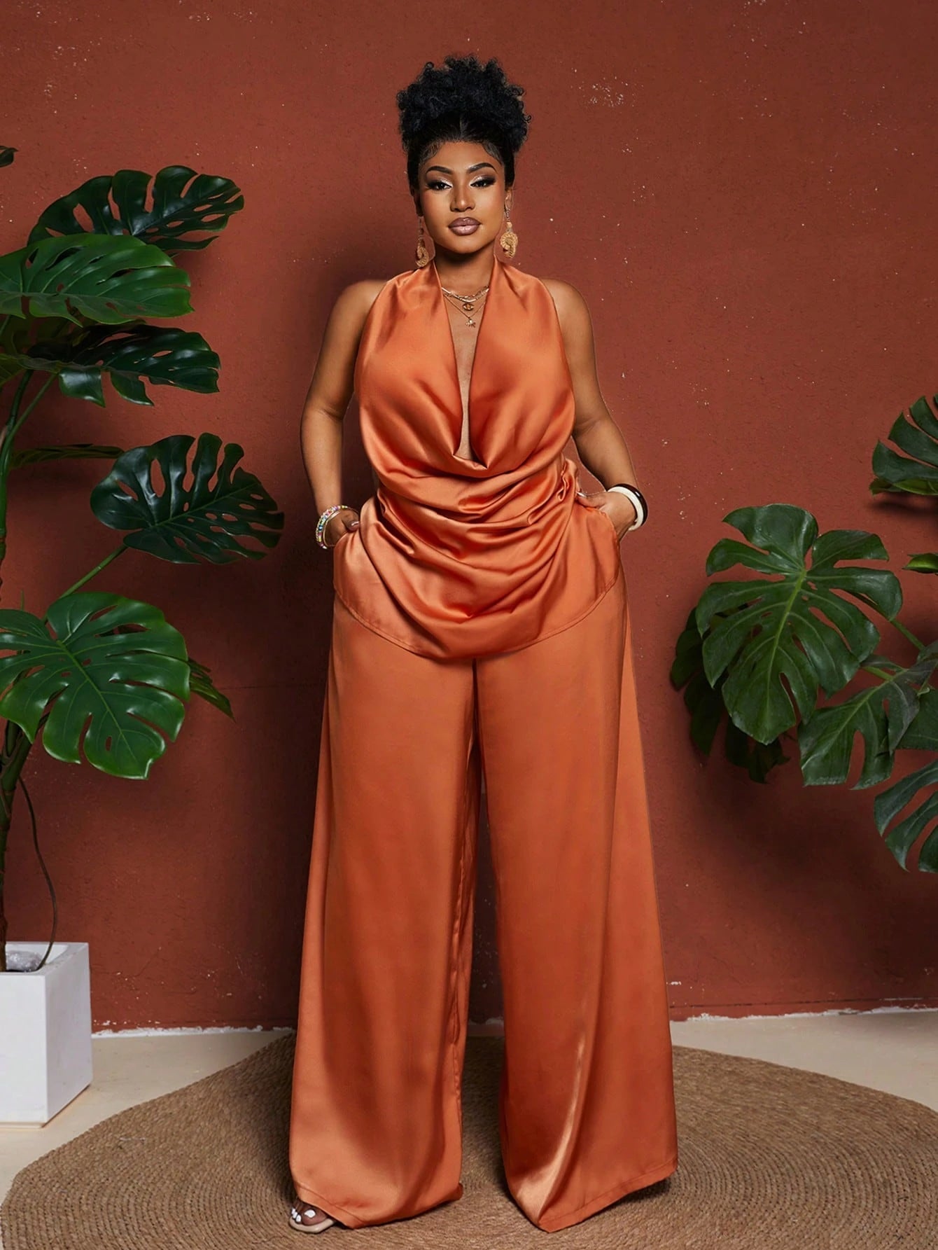 Maweii Plus Size Sexy Solid Color Draped Neck Backless Halter Top And Pants - Gems Ensumbles