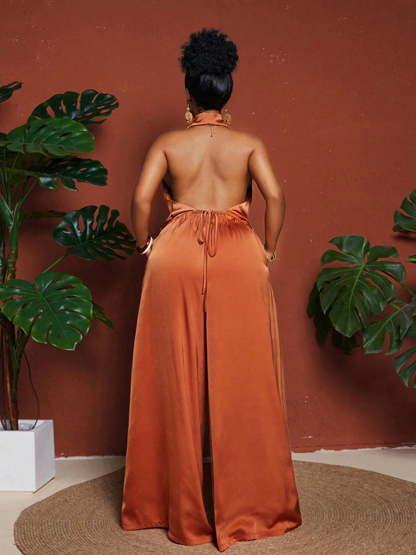 Maweii Plus Size Sexy Solid Color Draped Neck Backless Halter Top And Pants - Gems Ensumbles