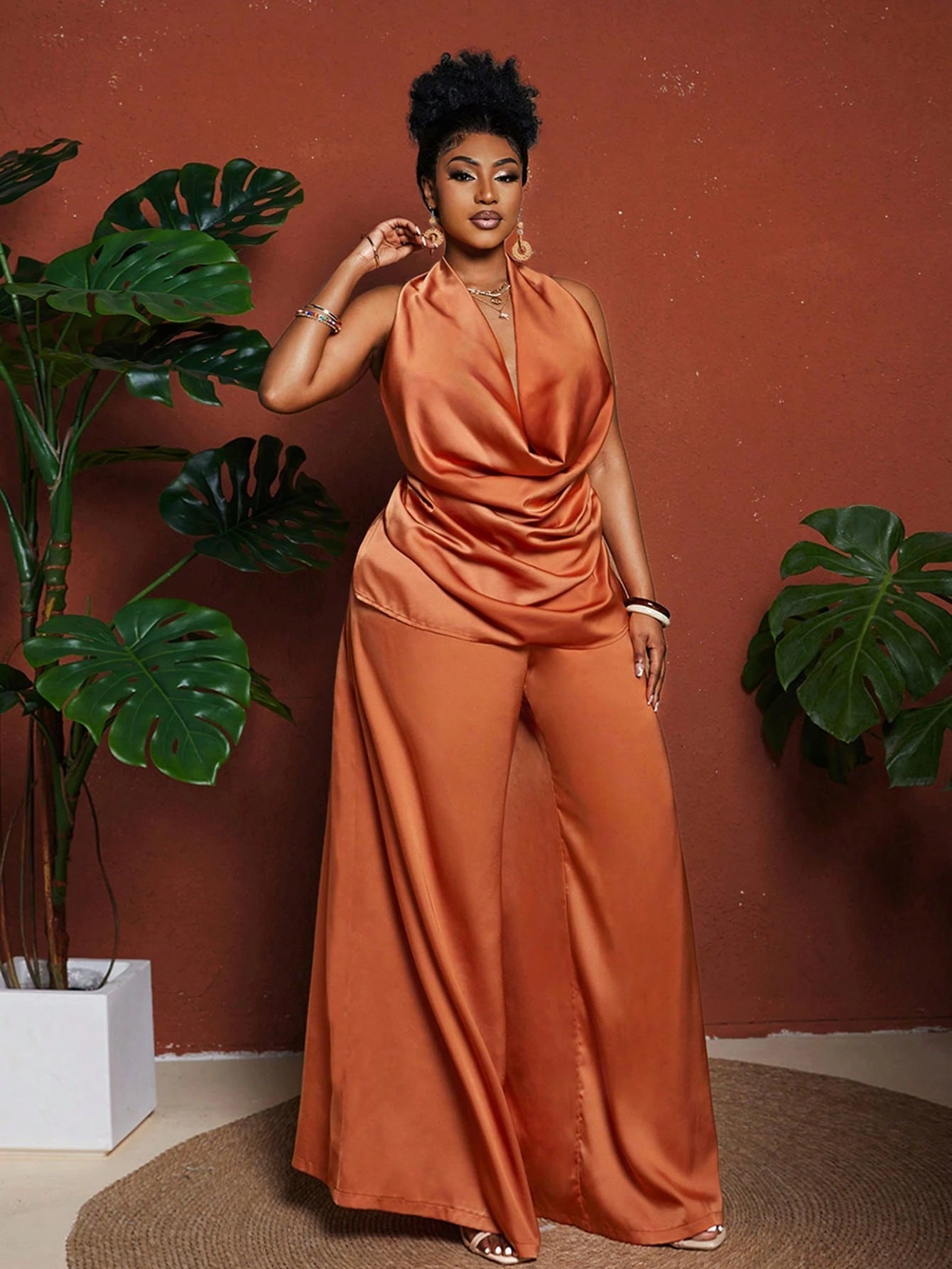 Maweii Plus Size Sexy Solid Color Draped Neck Backless Halter Top And Pants - Gems Ensumbles