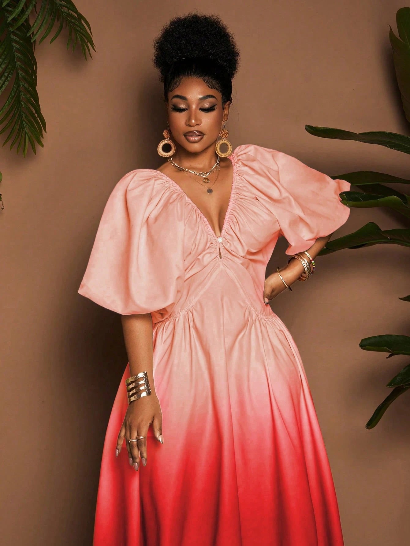 Maweii Plus Size Women Deep V - Neck Short Sleeve Ruffle Hem Elegant Ombre Dress - Gems Ensumbles
