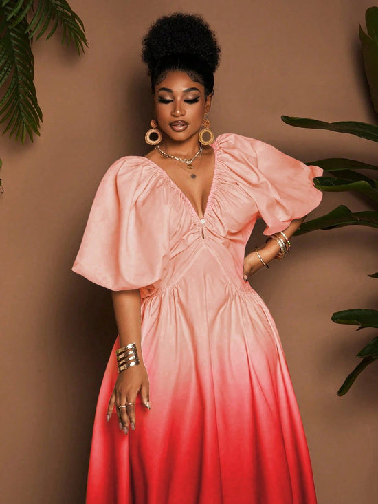 Maweii Plus Size Women Deep V - Neck Short Sleeve Ruffle Hem Elegant Ombre Dress - Gems Ensumbles