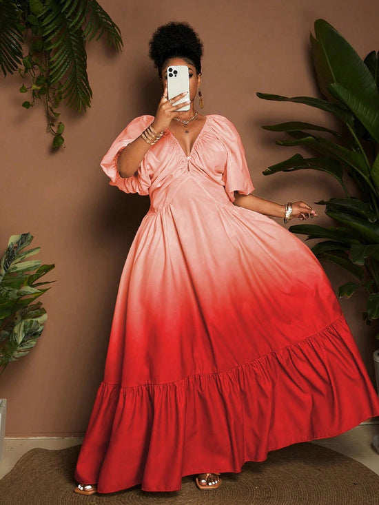 Maweii Plus Size Women Deep V - Neck Short Sleeve Ruffle Hem Elegant Ombre Dress - Gems Ensumbles