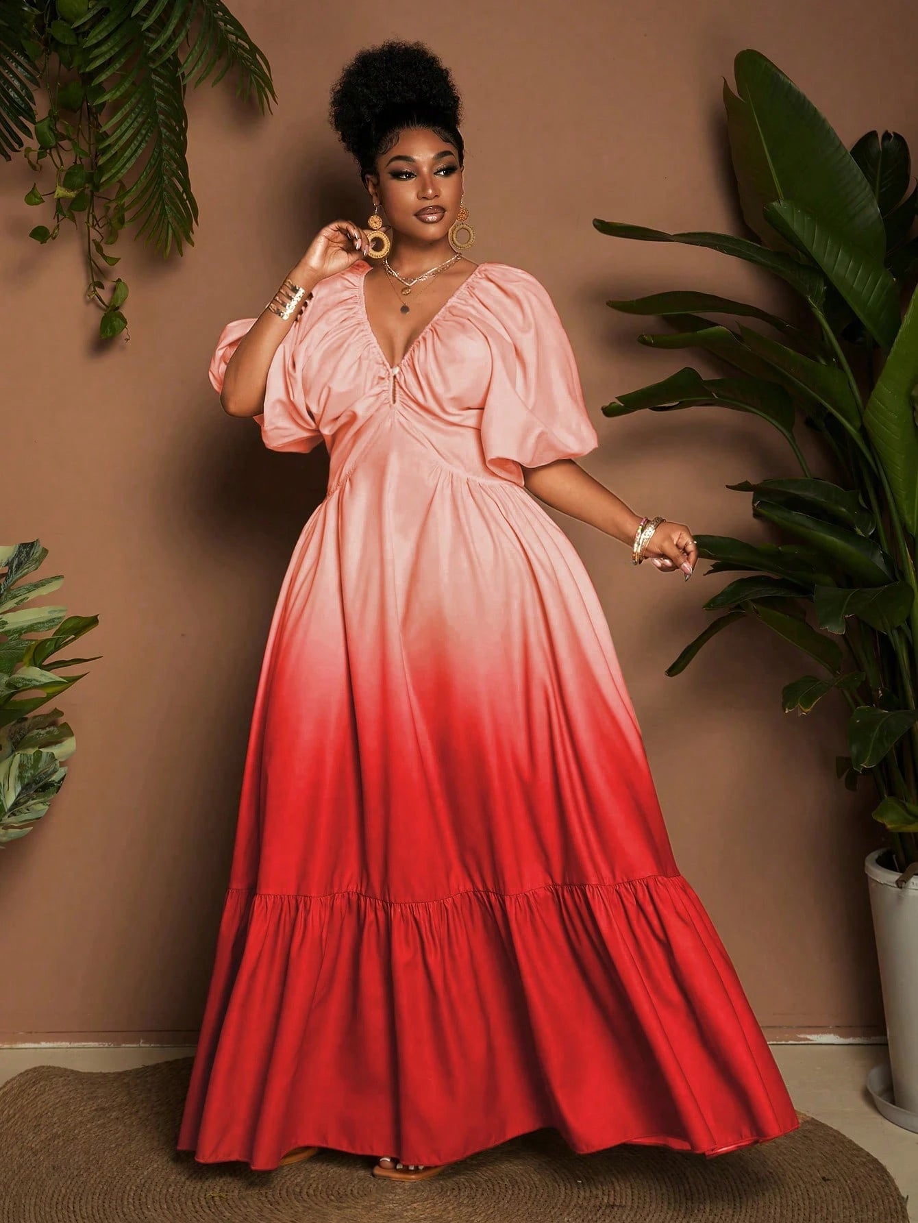Maweii Plus Size Women Deep V - Neck Short Sleeve Ruffle Hem Elegant Ombre Dress - Gems Ensumbles