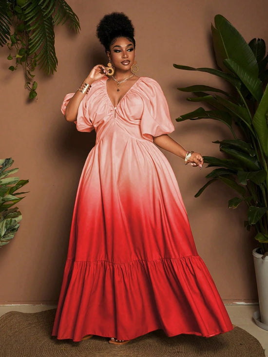 Maweii Plus Size Women Deep V - Neck Short Sleeve Ruffle Hem Elegant Ombre Dress - Gems Ensumbles