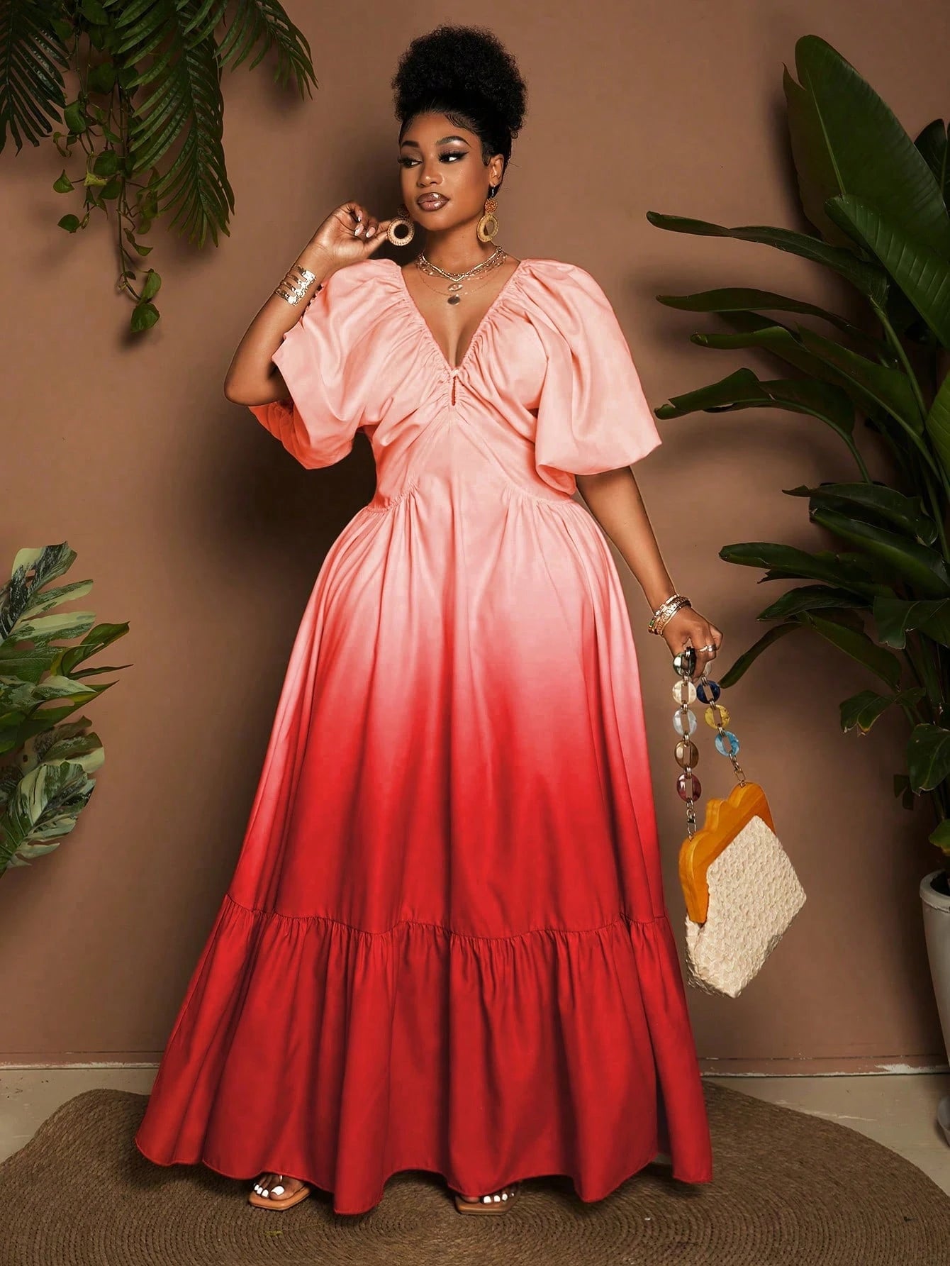 Maweii Plus Size Women Deep V - Neck Short Sleeve Ruffle Hem Elegant Ombre Dress - Gems Ensumbles